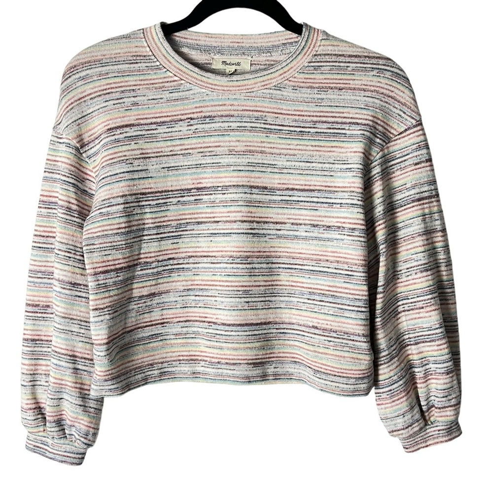 Madewell Bubble-Sleeve Crop Top in Rainbow Stripe.